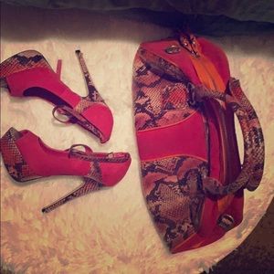 Pink Orange Peep-Toe Heels w/ Matching Purse